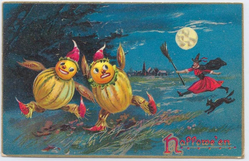 Halloween Postcard JOL Gourd Men Running from Witch in Red Dress & Black Cat Raphael Tuck & Sons Series 150