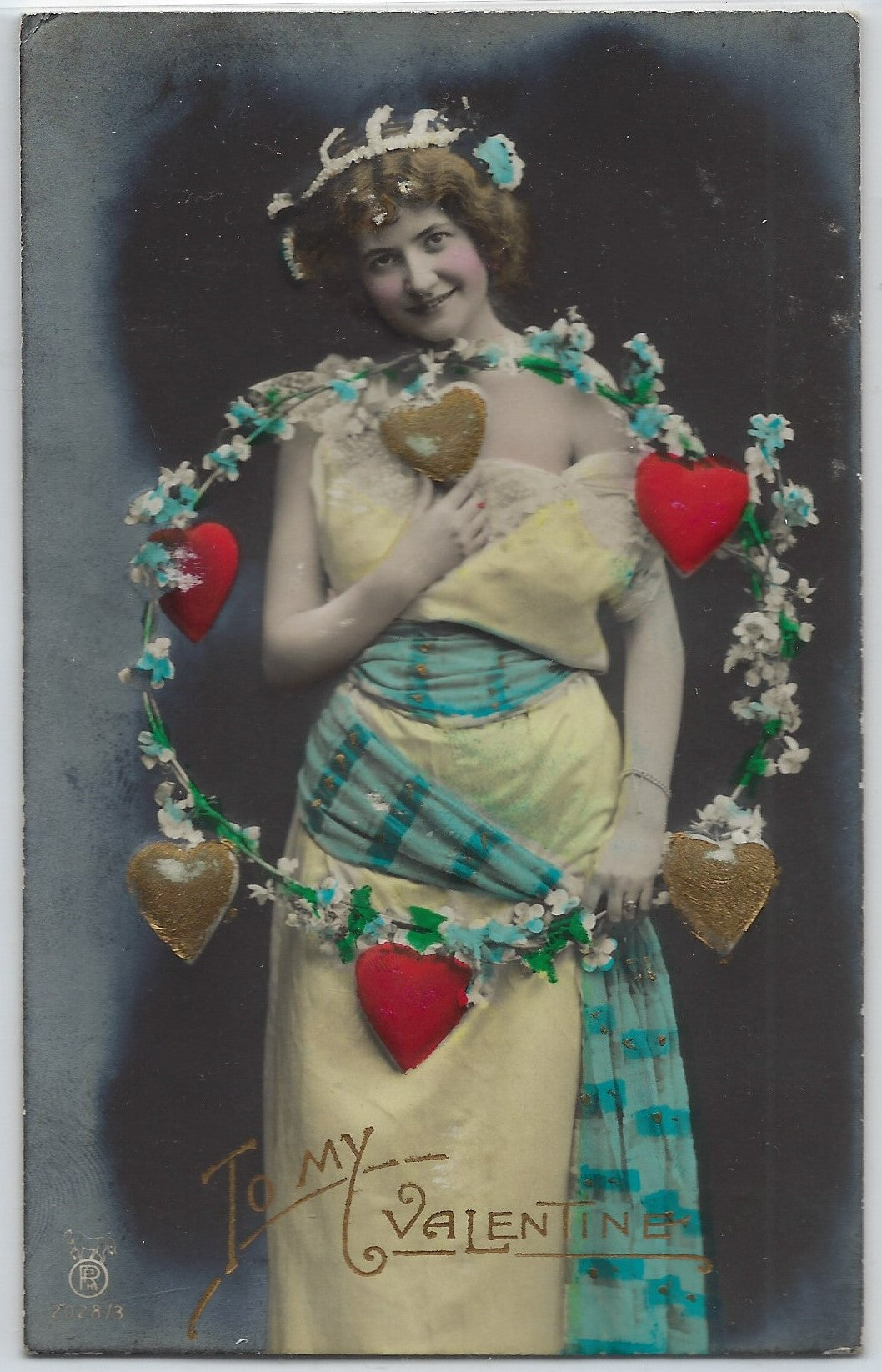RPPC Real Photo Valentine Postcard Woman Holding String of Hearts w/ Flowers Hand Tinted Card
