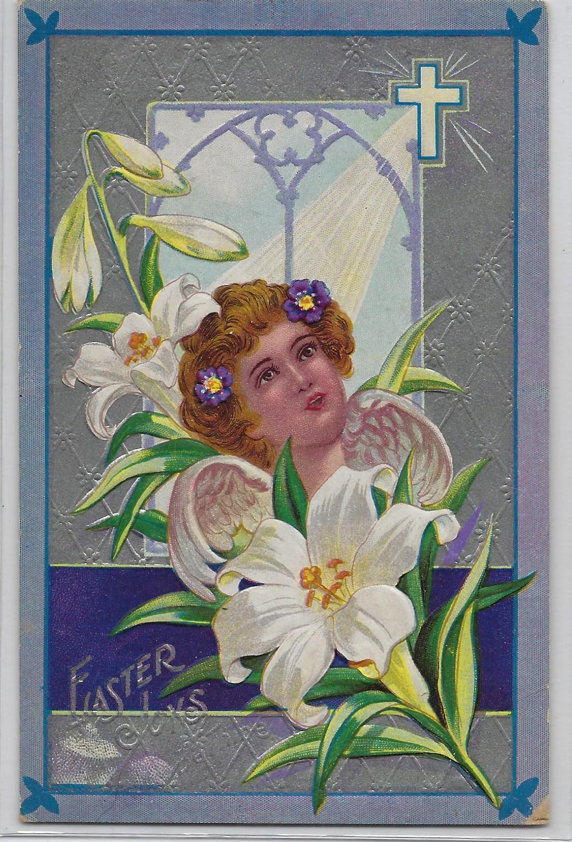 Easter Postcard Embossed Angel in White Daffodils Silver Back Cross Series No 5