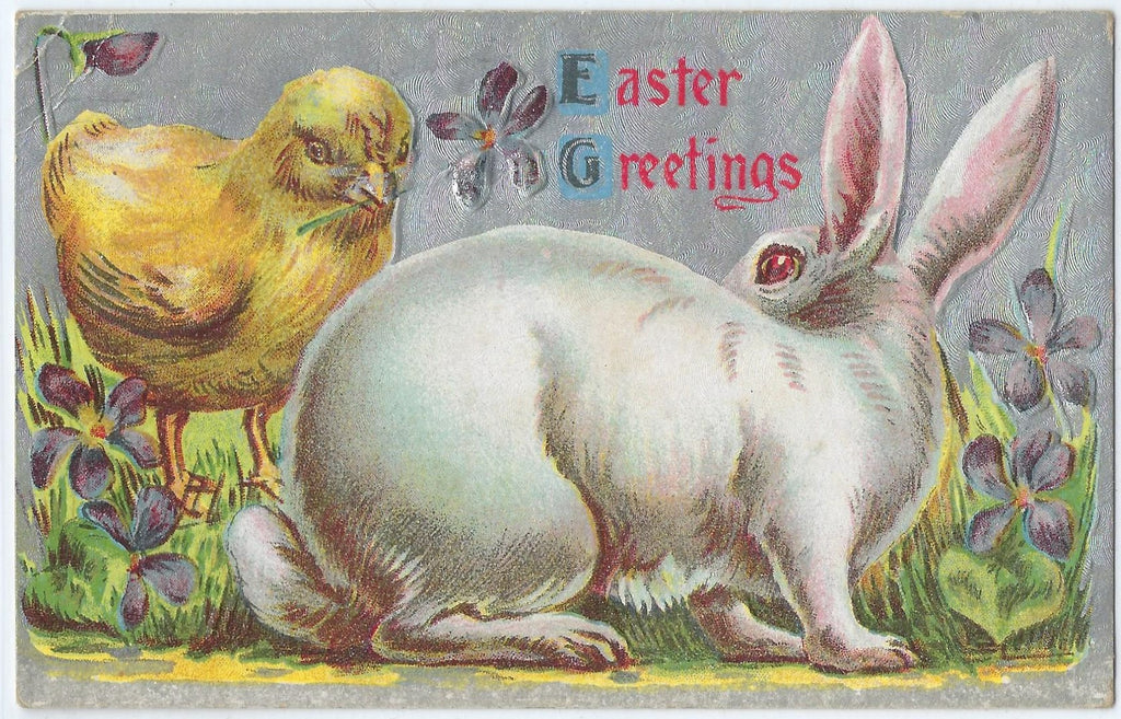 Easter Postcard Silver Foil Background Embossed White Rabbit w/ Baby Chick