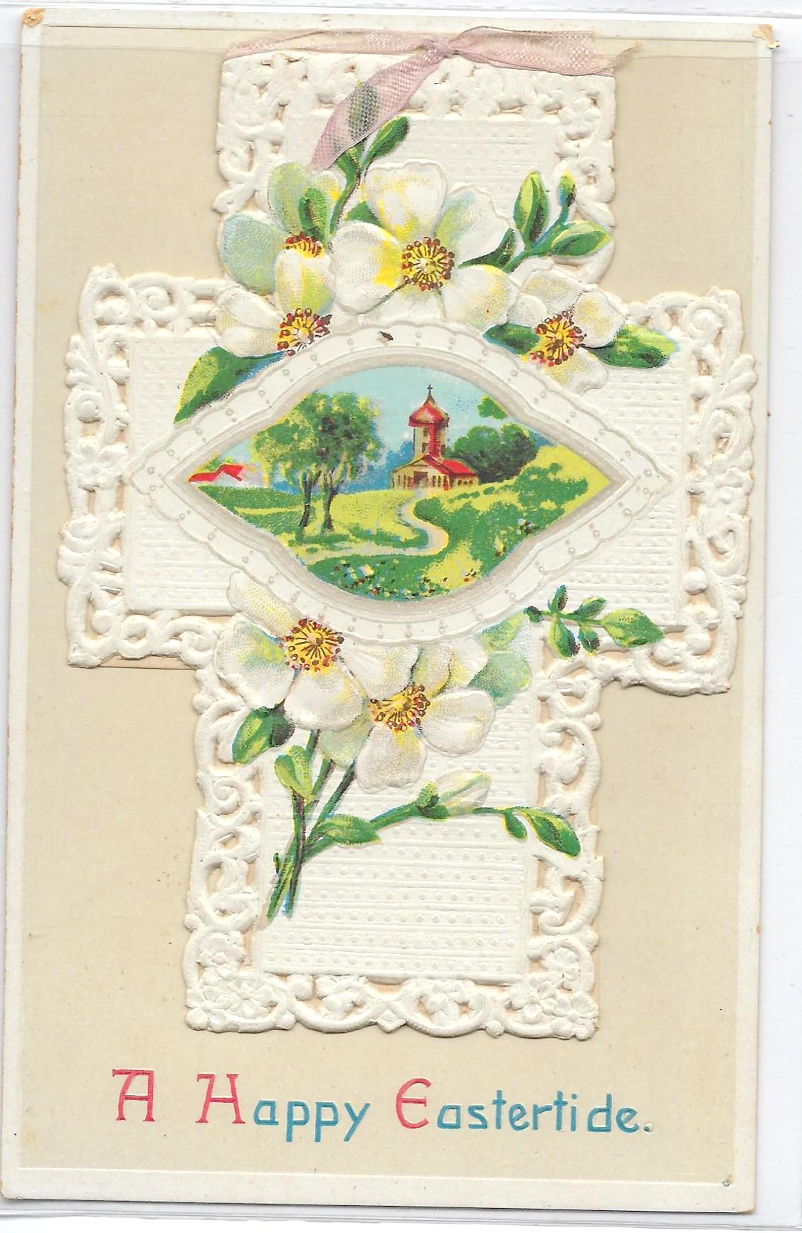 Easter Postcard Lightly Embossed Applied Crochet Paper Cross Landscape Scene Series 204 Germany