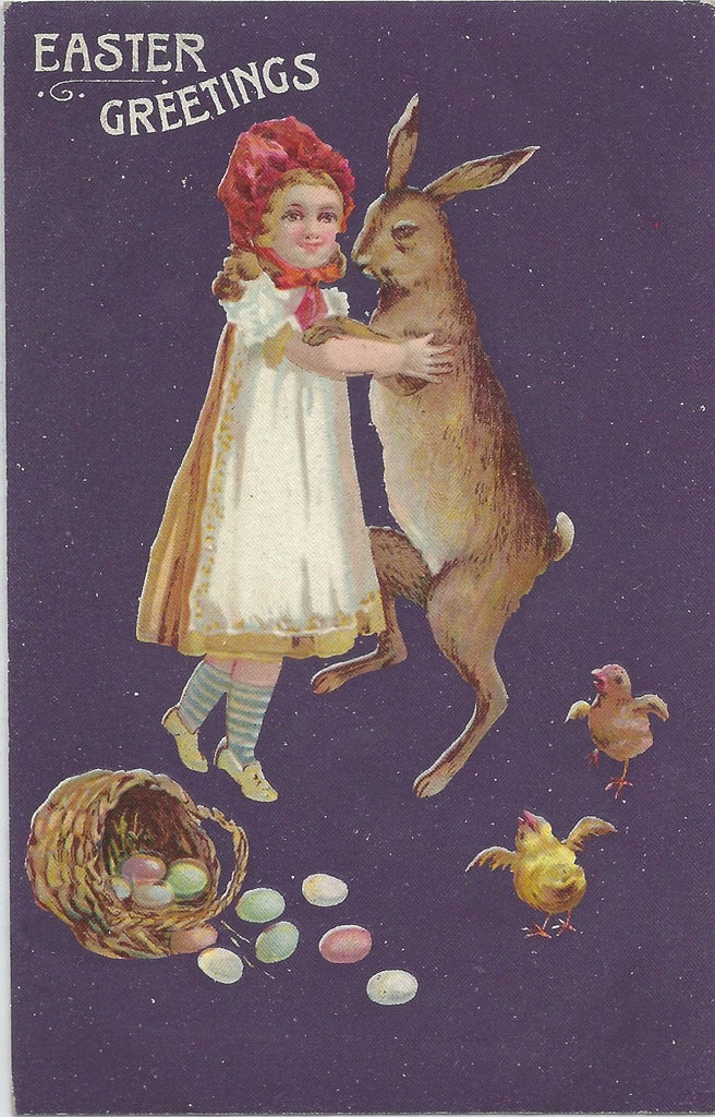 Easter Postcard Series 8003 Little Girl Hugging Giant Bunny Rabbit Purple Background