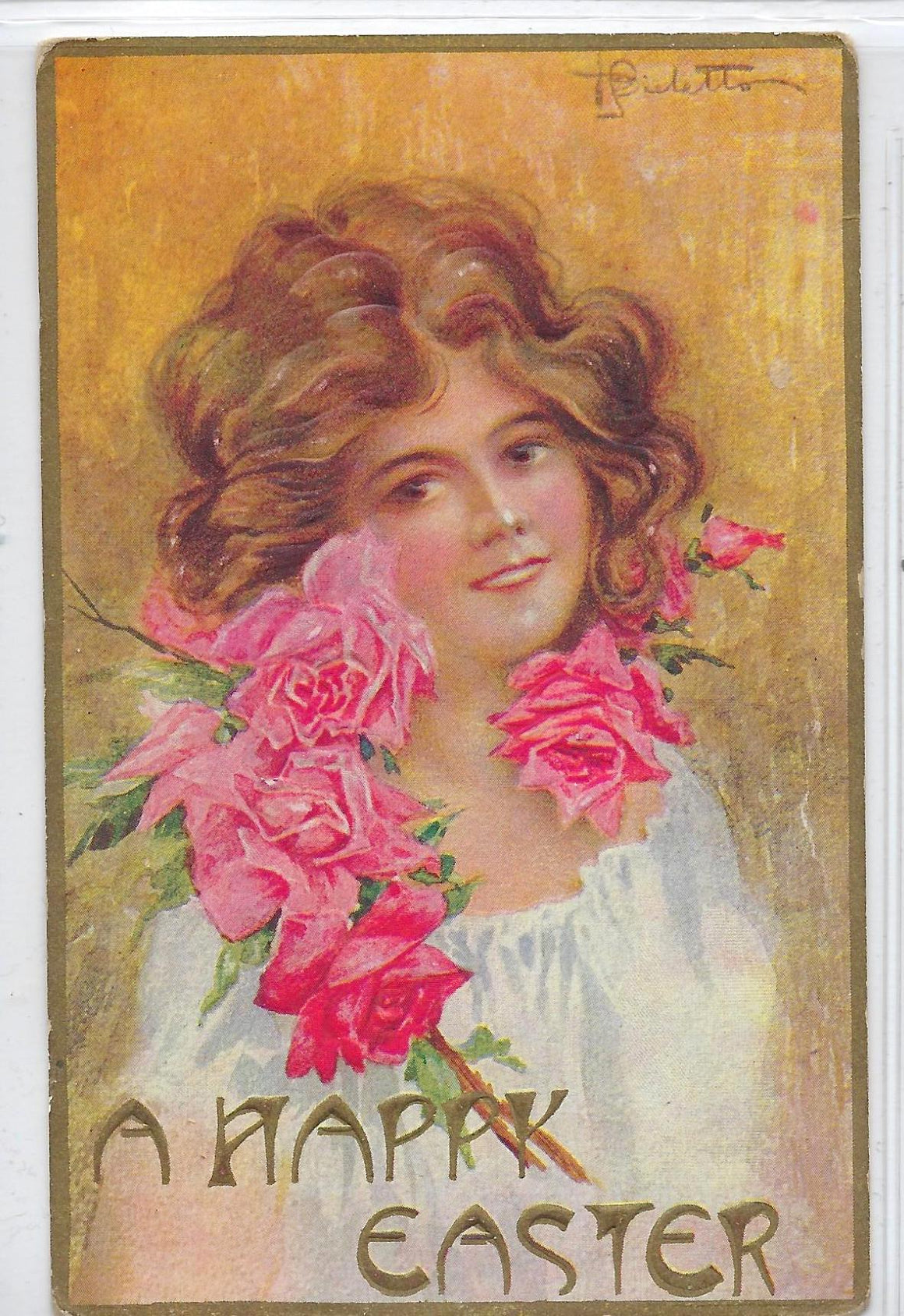 Easter Postcard Young Woman with Red Hair Covered in Pink Roses Artist Signed Embossed Card