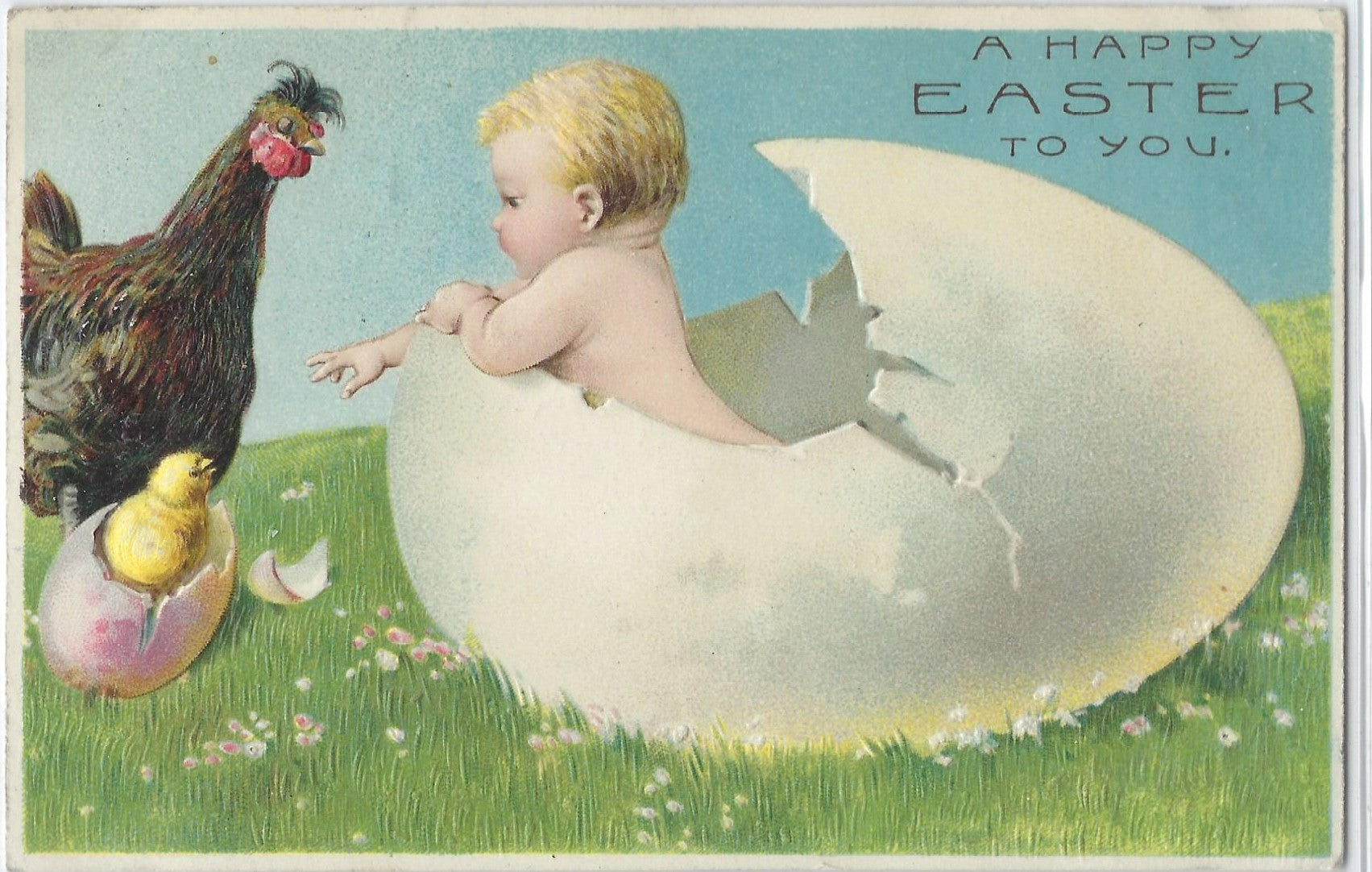 Easter Postcard Baby Hatching From Giant Egg Pointing To Baby Chick Ha ...