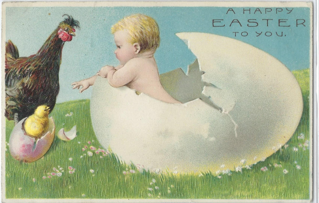 Easter Postcard Baby Hatching From Giant Egg Pointing To Baby Chick Hatching From Small Egg