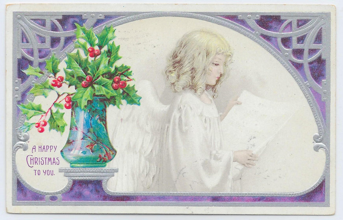 Christmas Postcard Angel Child Purple Background Holley Vase Silver Embossed Printed in Germany