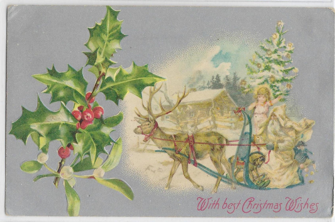 Christmas Postcard Santa Claus in White Robe Driving Reindeer Sleigh John Winsch Publishing Silver Background Embossed Christmas Card