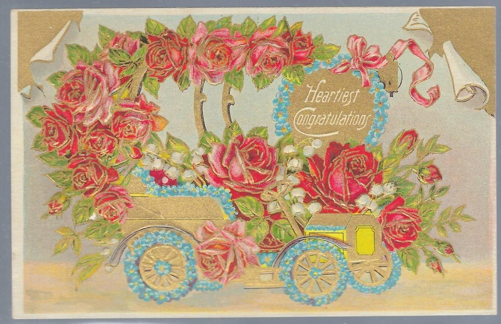 Congratulations Postcard Car Covered in Roses & Flowers Gold Trim