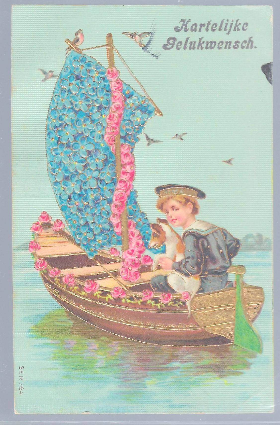 Child and Dog in Flower Covered Sailboat Gold Highlights German Euro Greetings