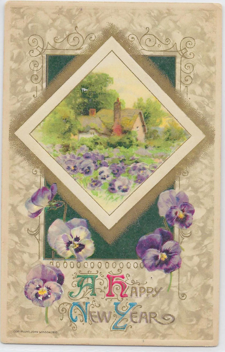 New Year Postcard John Winsch Publishing Embossed Card with Flowers and Landscape Scene