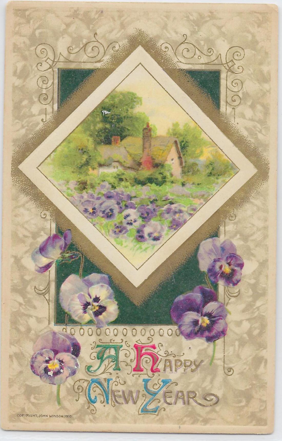 New Year Postcard John Winsch Publishing Embossed Card with Flowers and Landscape Scene