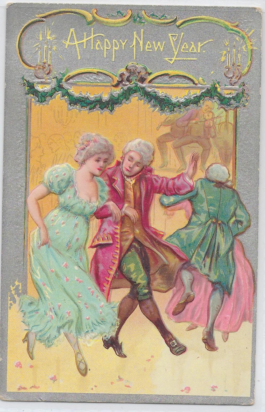 New Year Postcard Embossed Card Colonial Couples Dancing Silver Background Series 1