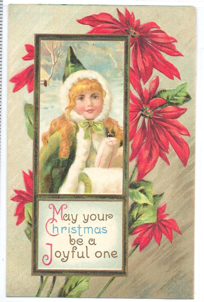 Christmas Postcard Embossed Card Child in Winter Carrying Presents Green Coat Poinsettia Flowers Border Printed in Germany
