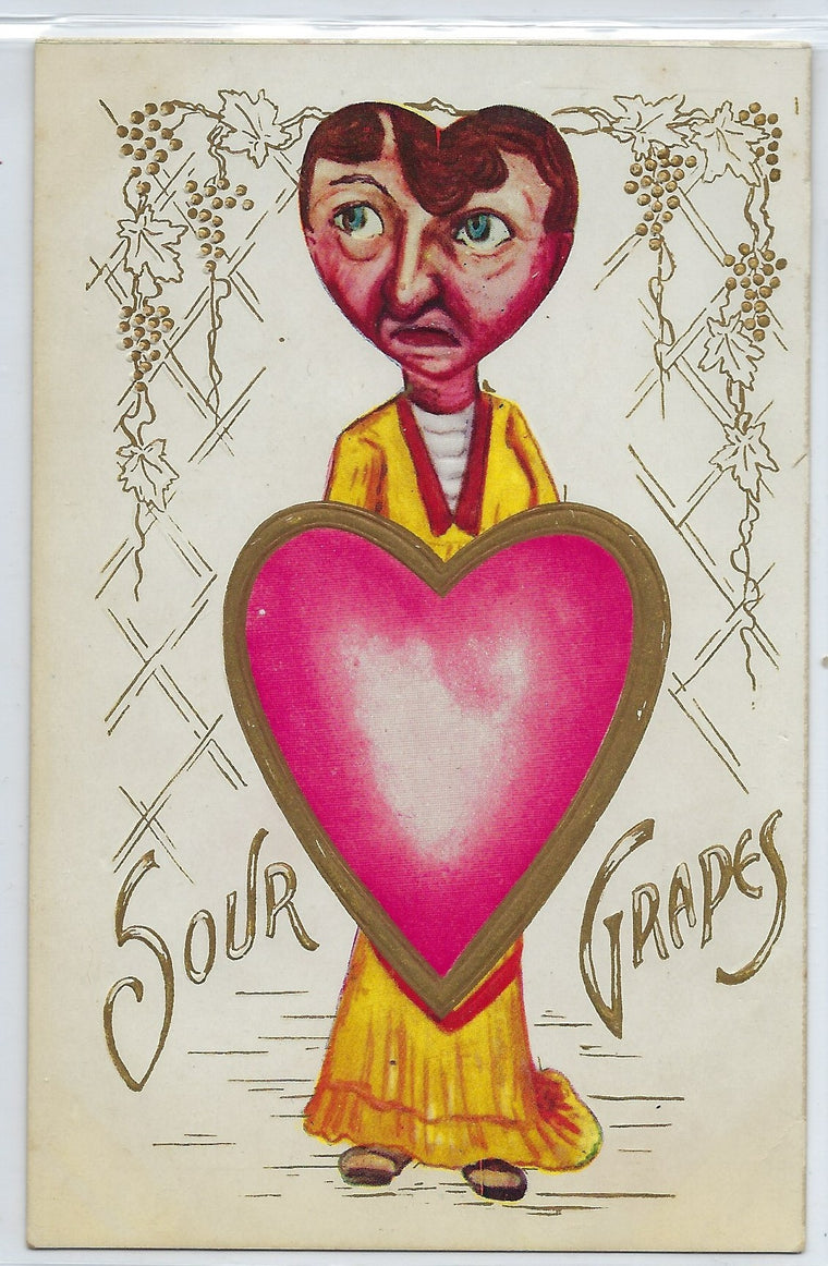 Vinegar Valentine Postcard Sour Grapes Heart Shaped Headed Person in Dress Holding Giant Heart Embossed