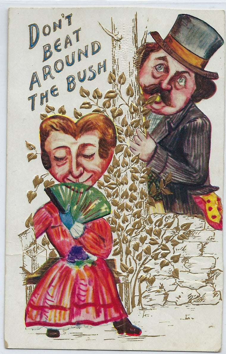 Vinegar Valentine Comical Postcard Man Coming Up Behind Heart Shaped Head Lady Gold Highlights