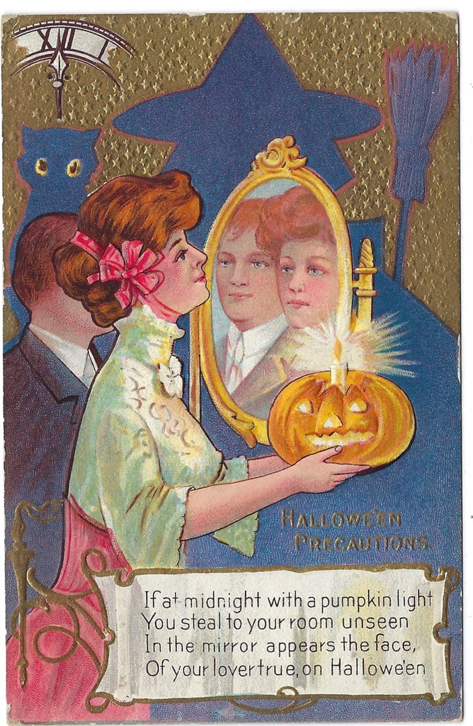 Halloween Postcard Woman Holding JOL Lighted Pumpkin with Shadow of Witch & Cat Gold Textured Background Series 2