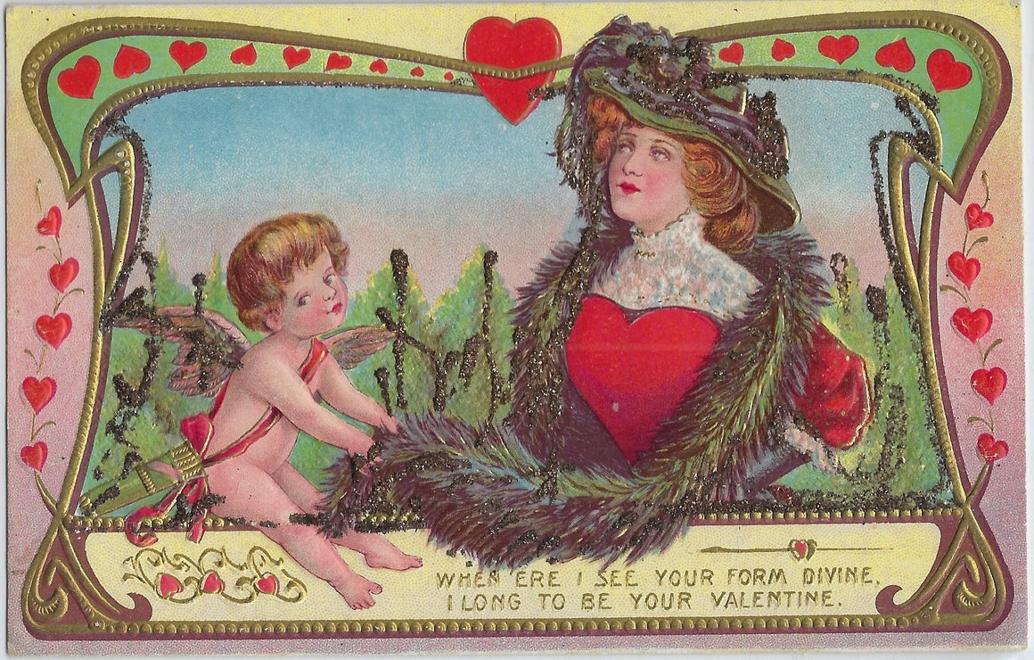 Valentine Postcard Cupid Pulling Big Scarf from Beautiful Victorian Dressed Woman in Red Applied Glitter