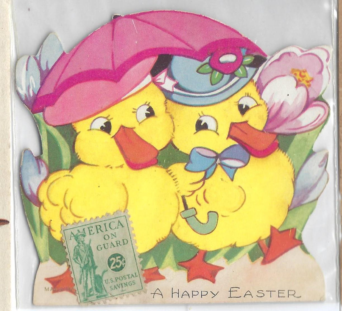 Easter Die Cut Card Baby Ducks Under Umbrella with Spring Flowers