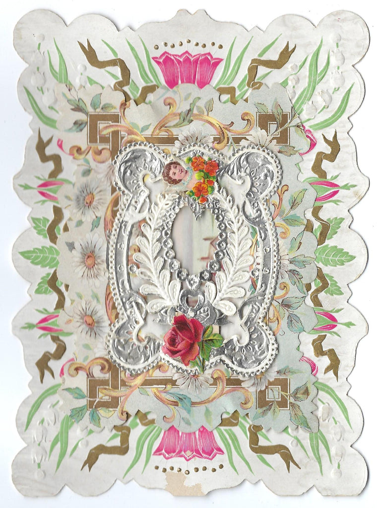 Victorian Die Cut Valentine Card Dresden Silver Lace Over Three Layer Paper Embossed Flowers Applied Scrap Interior Poem