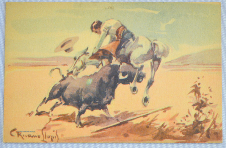 Artist Postcard Carlos Ruano Llopis Bull & Rancher Horse Rider Cowboy