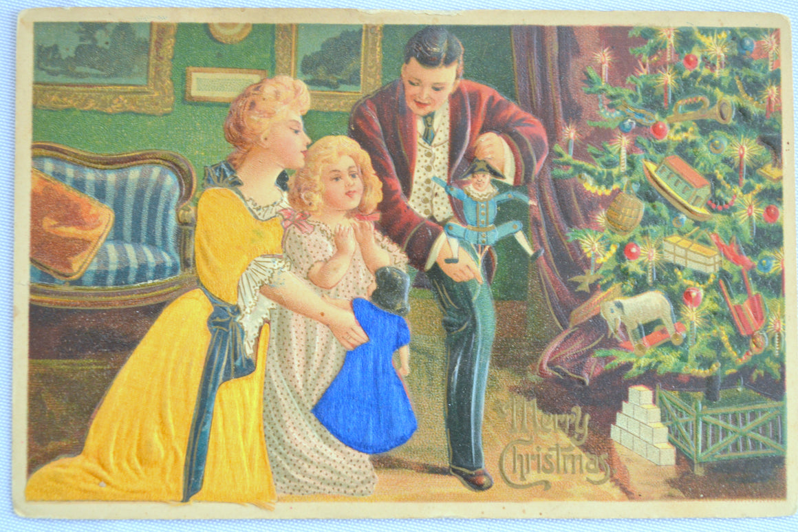 Christmas Postcard Family Opening Presents Silk Applied Embossed