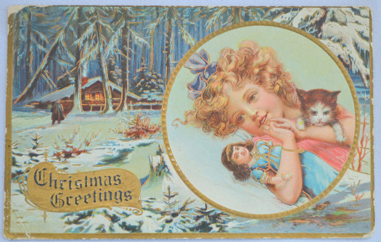 christmas postcard child kitten