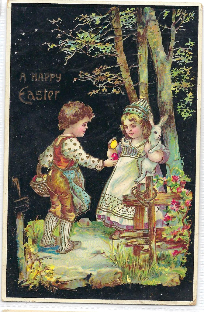 Easter Postcard Angel Little Boy Handing Little Girl with Bunny Rabbit Painted Eggs Gel Finish Gold Embossed Series 7679 Printed in Germany