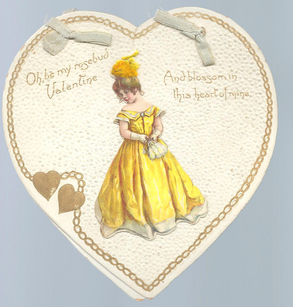 Die Cut Valentine Raphael Tuck Gold Embossed Heart Shaped Card Young Girl in Yellow Gown
