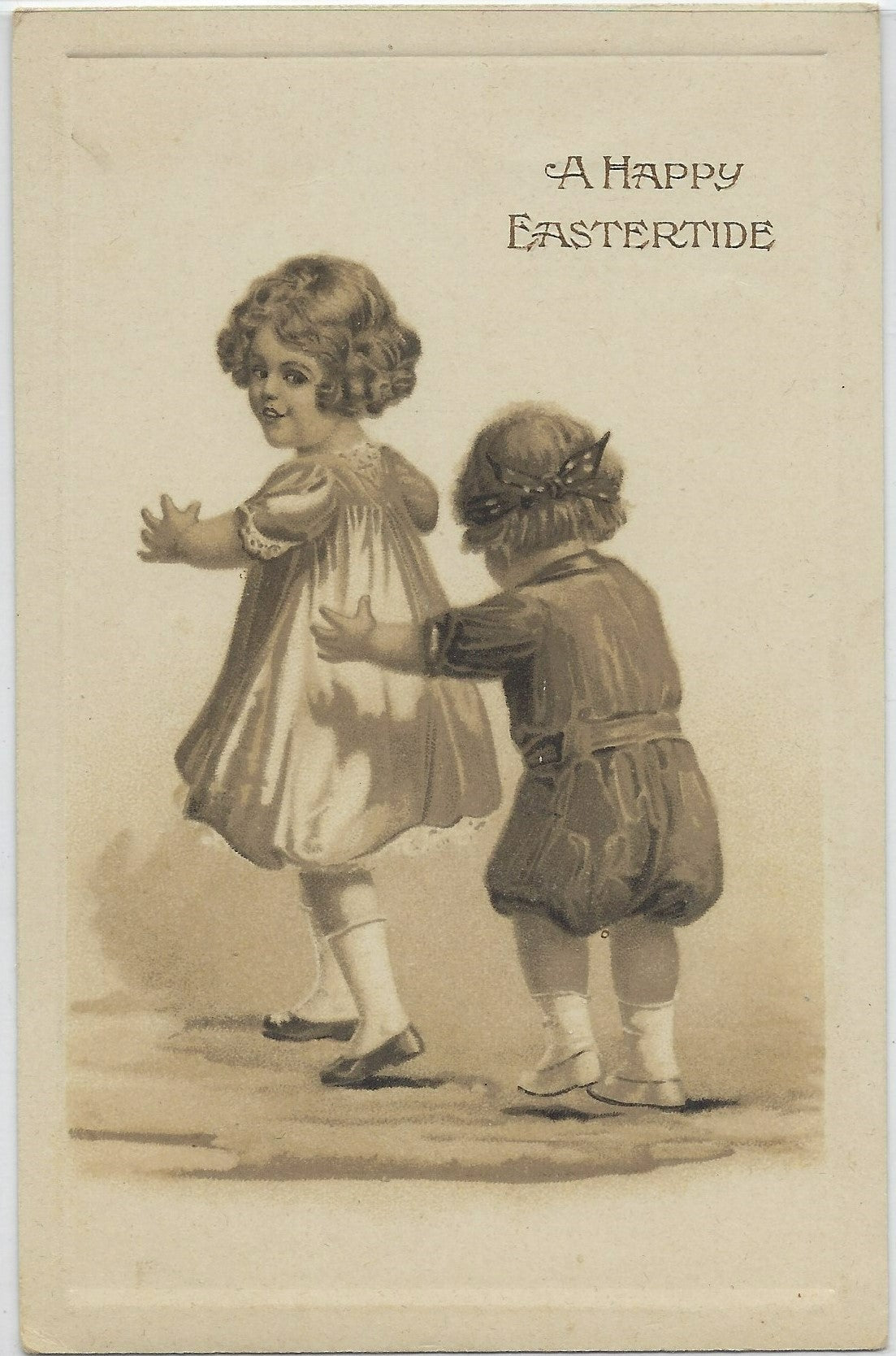 Easter Postcard Vintage Gottschalk Dreyfus & Davis Series 2676 Two Little Girls Playing Game Sepia Tone