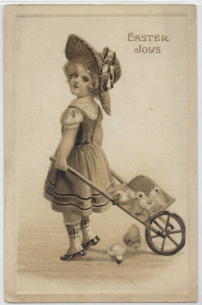 Easter Postcard Vintage Gottschalk Dreyfus & Davis Series 2676 Little Girl with Cart of Baby Chicks Sepia Tone