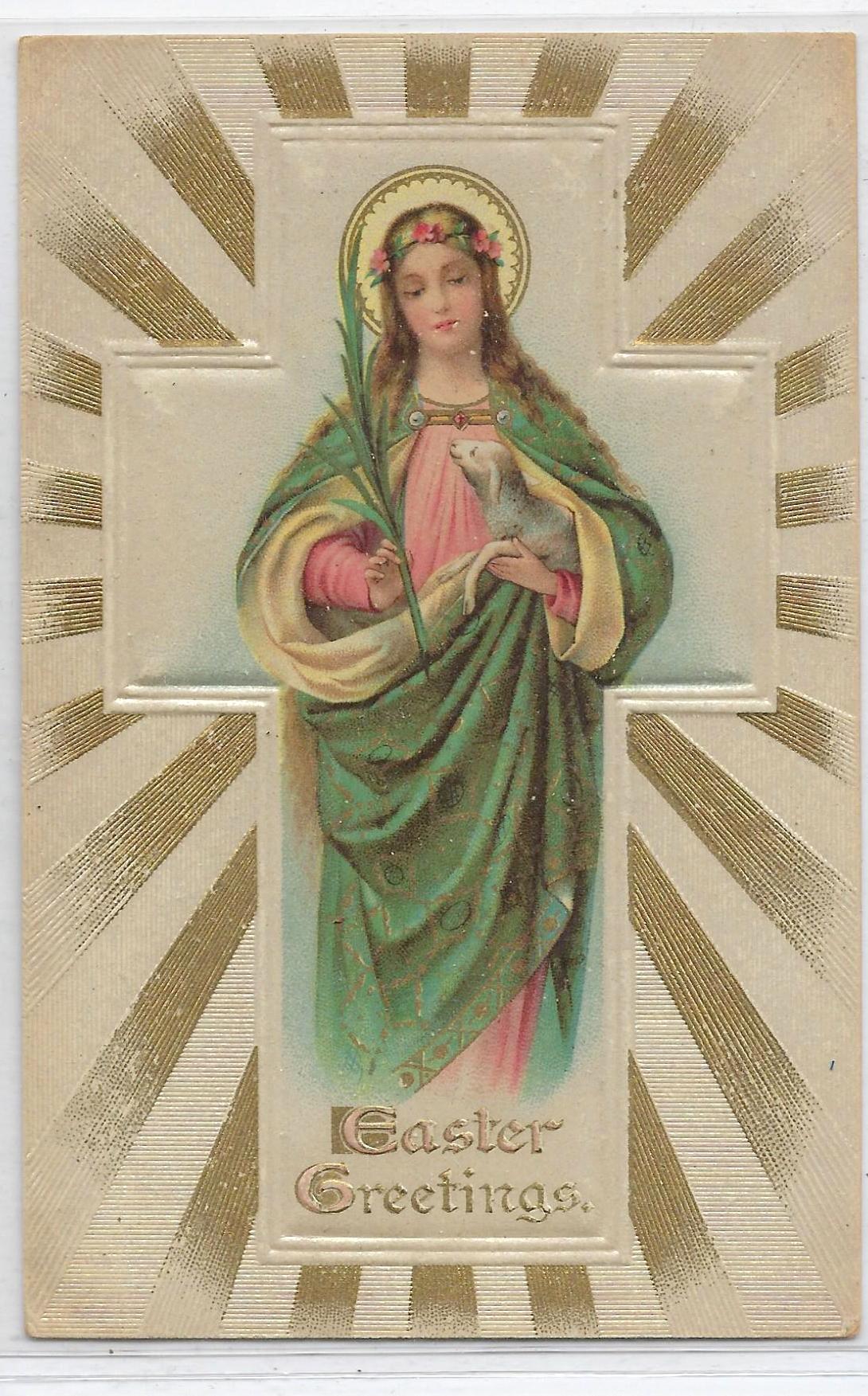 Easter Greetings Postcard Woman Saint Holding Lamb Gold Highlights Over Silver Background Embossed No.16101 Germany