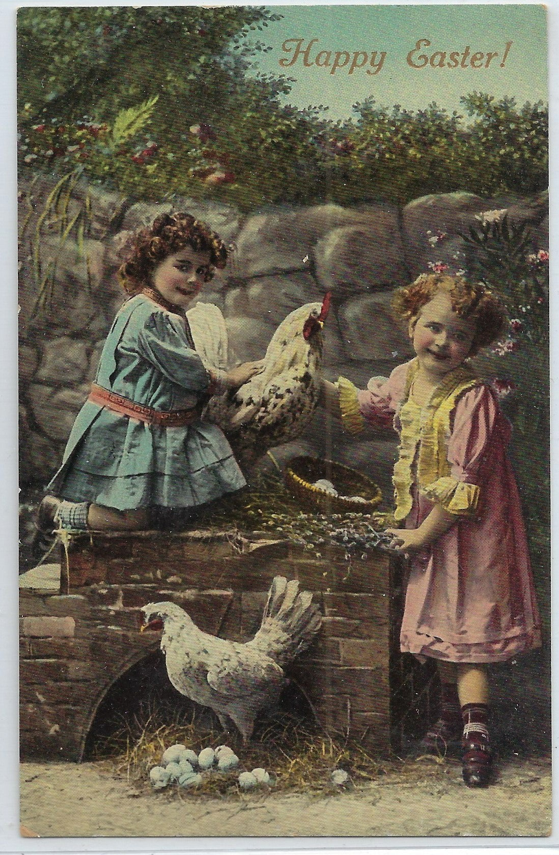 Easter Postcard RPPC Real Photo Style Little Girls with White Chickens Gathering Eggs 2108 Germany