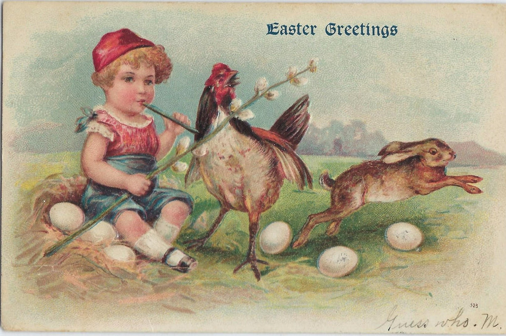 Easter Postcard Baby Seated on Nest with Eggs Hand Around Chicken Bunny Rabbit Running By Serie 523