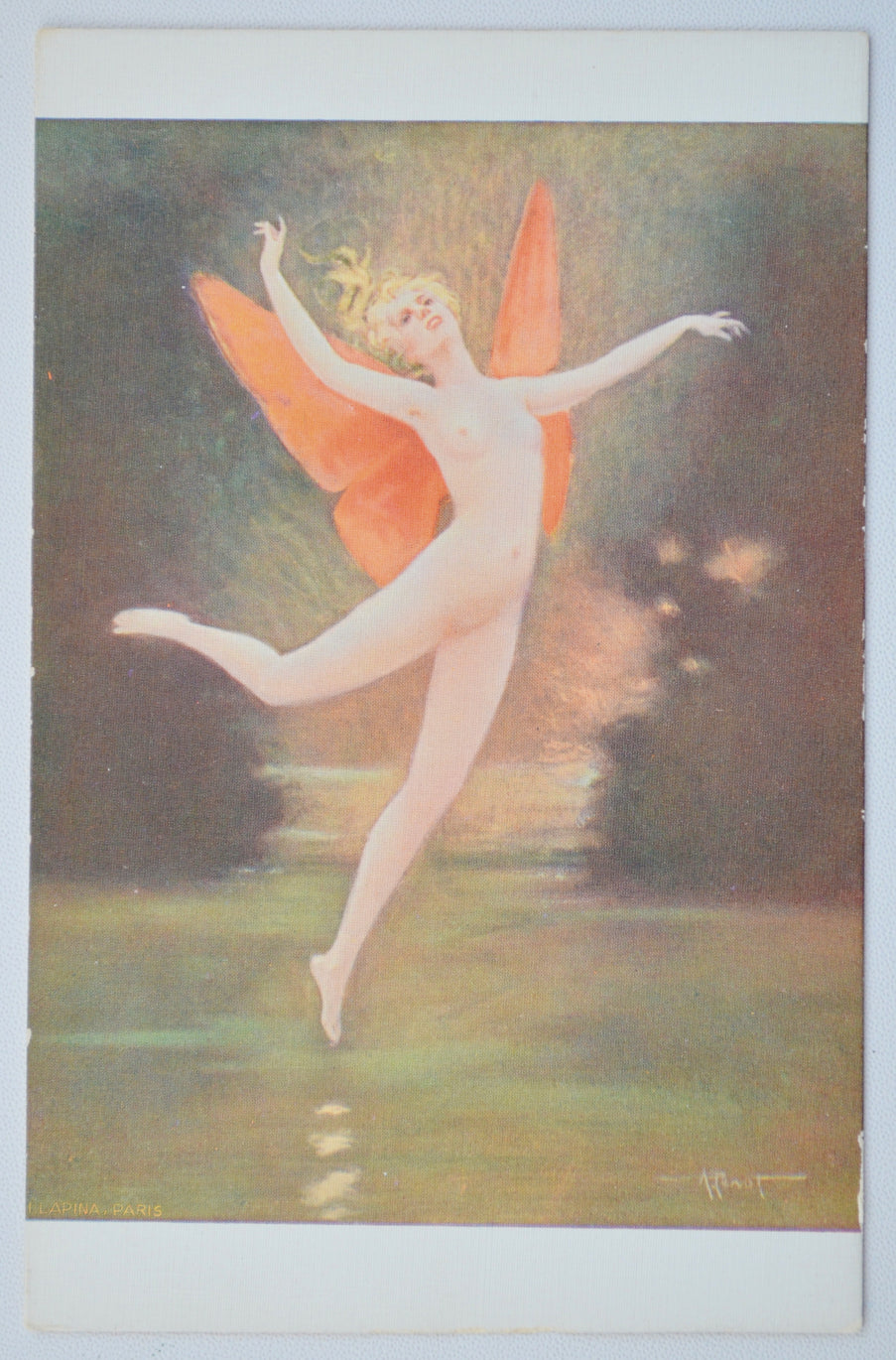 A. Penot Artist Postcard French Woman Risque Nude Butterfly Skating Fairy  Art Nouveau 1910s