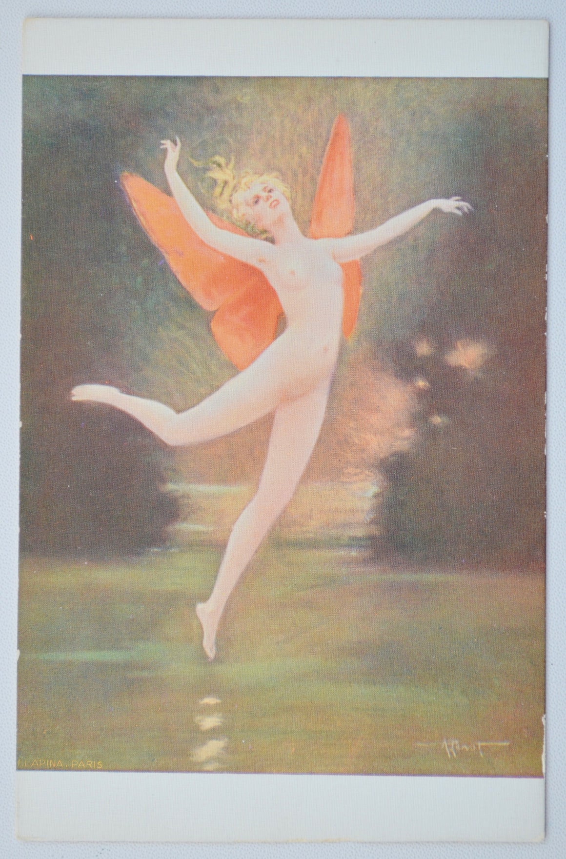 A. Penot Artist Postcard French Woman Risque Nude Butterfly Skating Fairy Art Nouveau 1910s