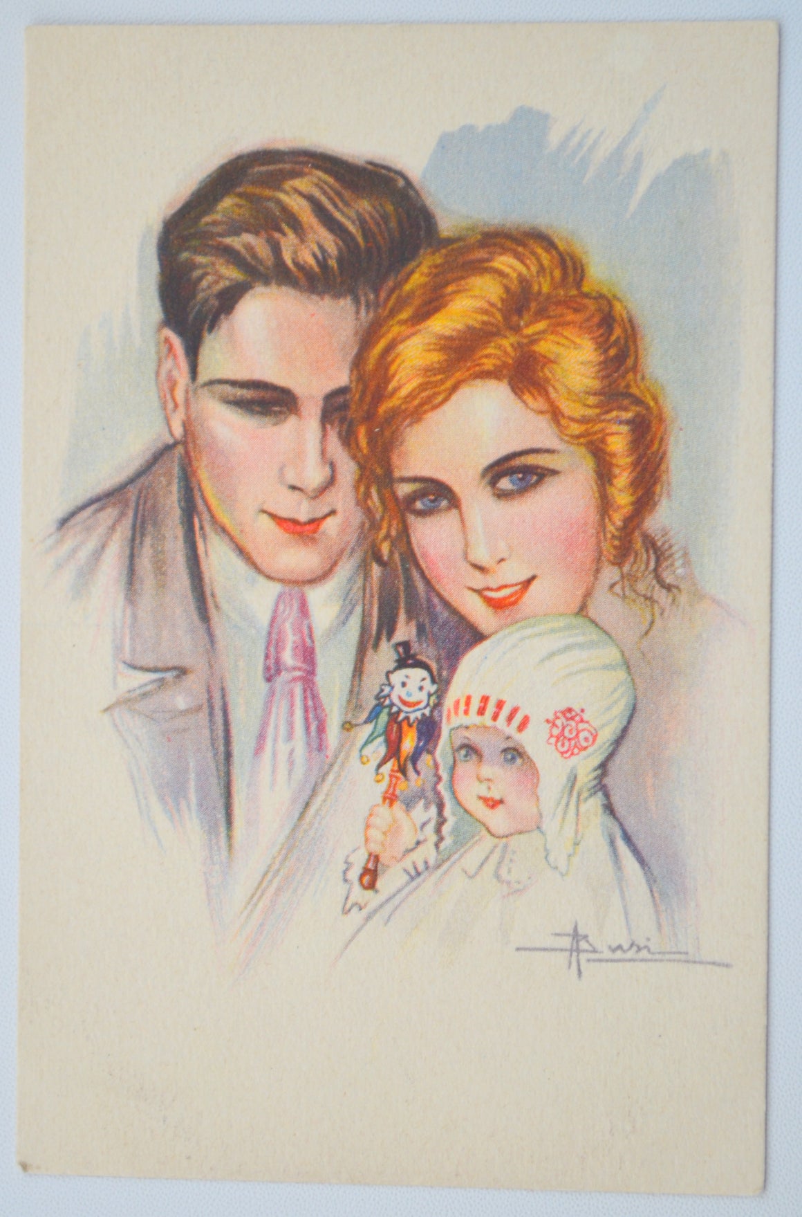Italian Artist Signed Postcard Art Deco Period Couple w/ Baby