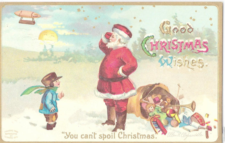 RARE Christmas Postcard Embossed Card Artist Ellen Clapsaddle Santa Claus in Red Suit with Small Boy Watching Blimp