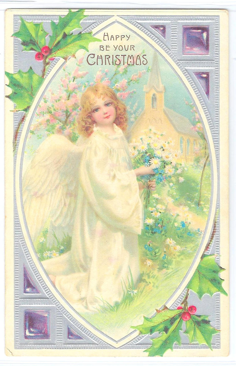 Christmas Postcard Artist Frances Brundage Embossed Angel Holding Flowers in Front of Church Silver Purple Background