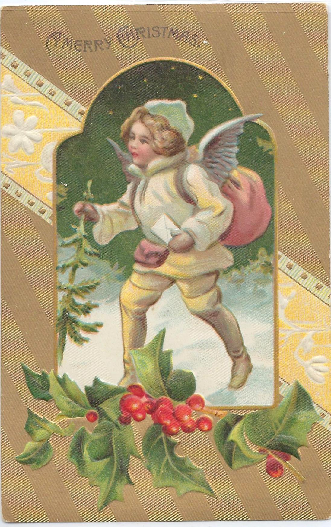 Christmas Postcard Angel in Snow Suit Delivering Mail Letters Winter Pines Landscape Gold Textured Background Series 1360 Dresden Germany