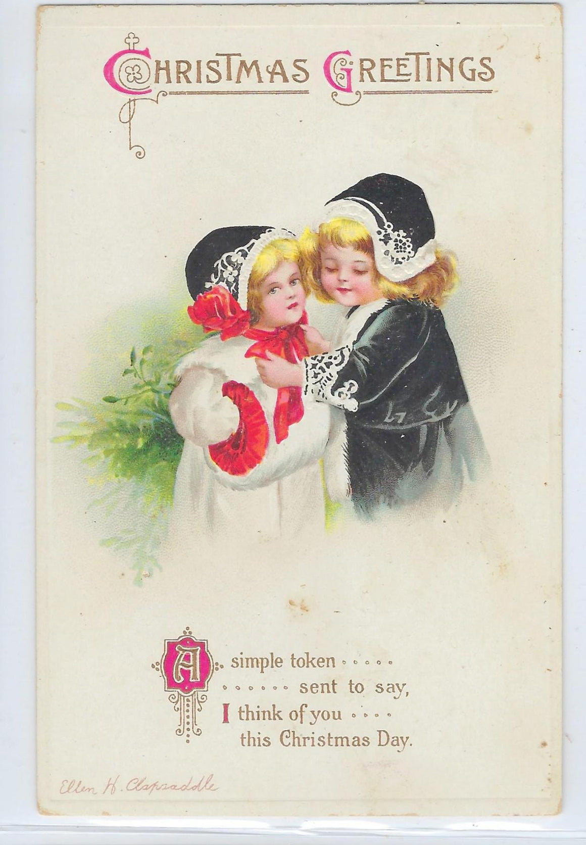 Christmas Postcard Ellen Clapsaddle Series 4514 Little Girls Dressed for Holiday Lightly Embossed