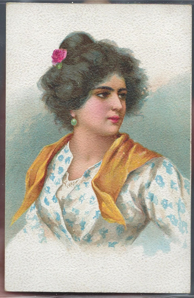 Italian Postcard Early Undivided Attilio Scrocchi Milan Card Dark Haired Woman in Dress w/ Yellow Scarf No 1686