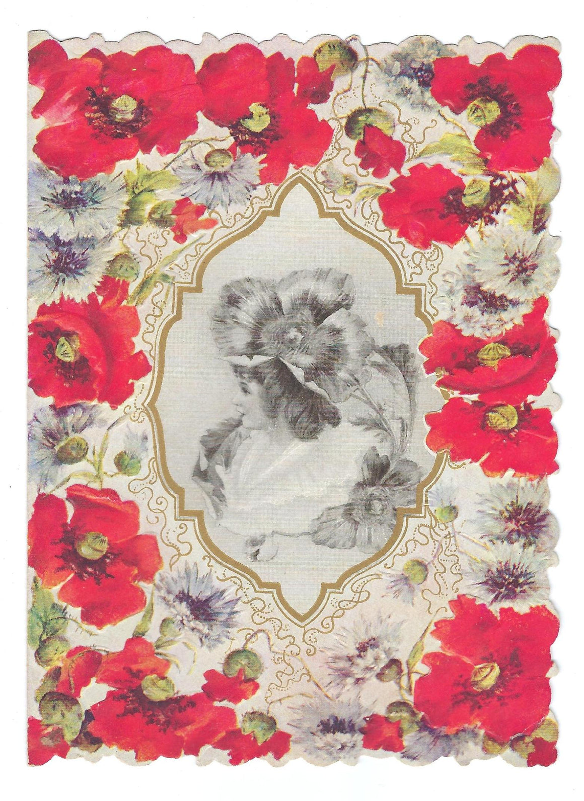Die Cut Valentine Card Embossed Red Flowers with Monochromatic Image of Victorian Woman
