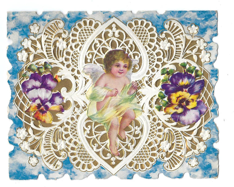 Die Cut Valentine Card Embossed Fold Open Cupid Paper Lace Over Gold Blue Sky Background w/ Pansies