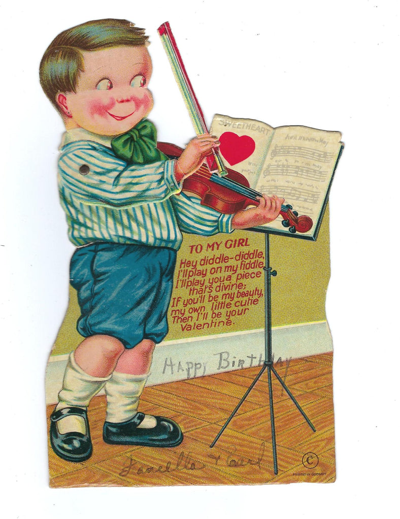 Die Cut Valentine Card Mechanical Child Playing Violin Printed In Germany