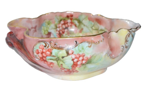 LIMOGES Porcelain Bowl Hand Painted Red Currants Branch Handle