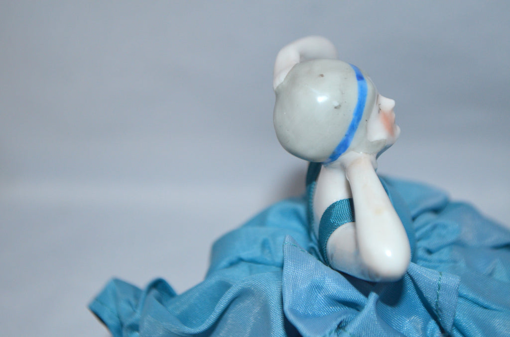 German Porcelain Bisque Half Doll on Pin Cushion with Legs Deco Fashion in Blue