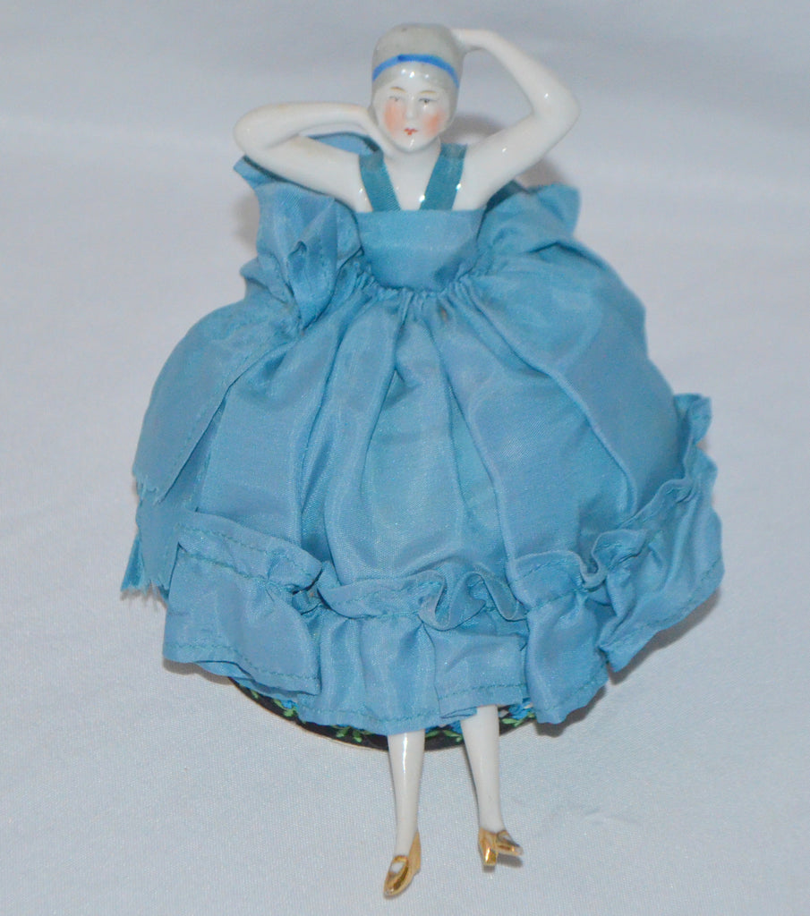 German Porcelain Bisque Half Doll on Pin Cushion with Legs Deco Fashion in Blue