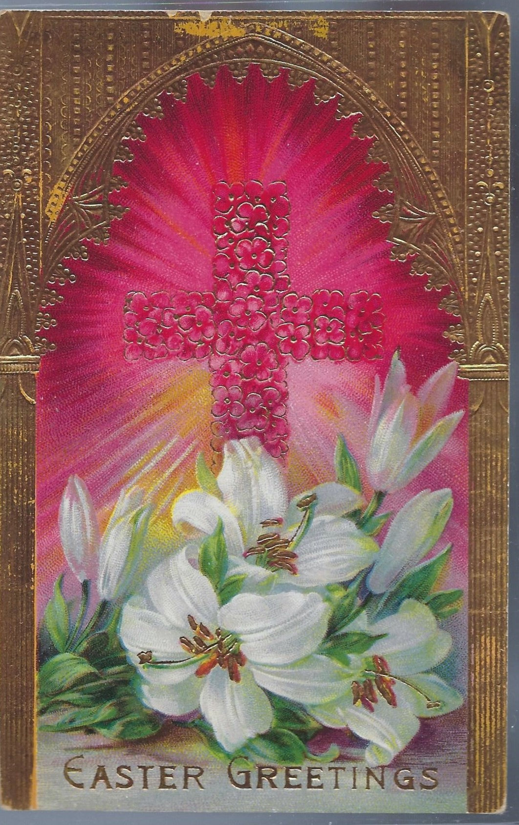 Easter Postcard Series 7033 Cross in Red with White Lilies and Gold Foil Background