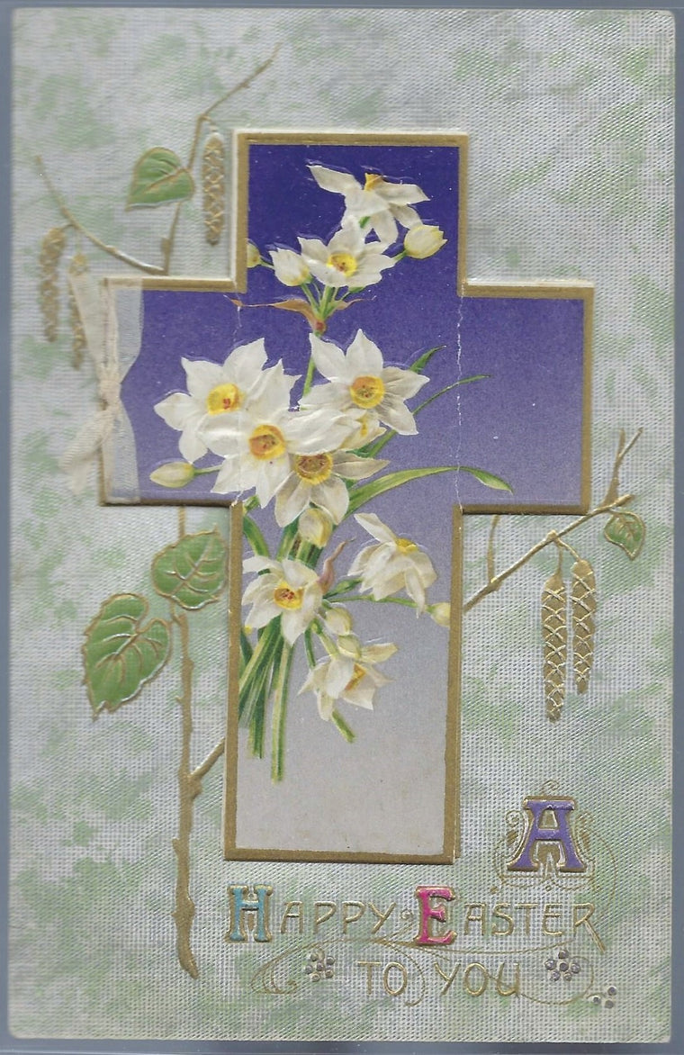 Easter Postcard John Winsch Publishing Cross Booklet with Daffodils Flowers