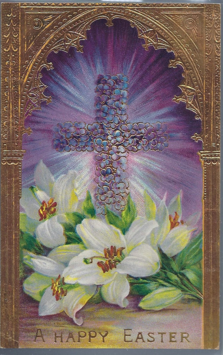 Easter Postcard Series 7033 Cross in Purple with White Lilies and Gold Foil Background